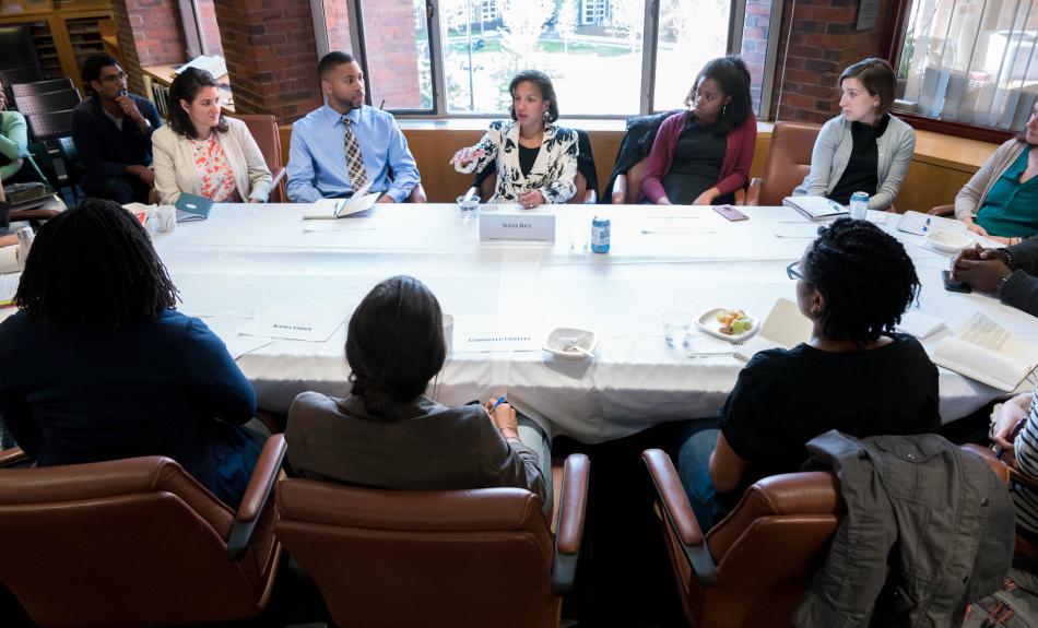 Susan Rice, former National Security Advisor to President Obama, former U.S. Permanent Representative to the UN, and Belfer Center non-resident Senior Fellow, gives students and fellows career advice during a Belfer Center student and fellows session.