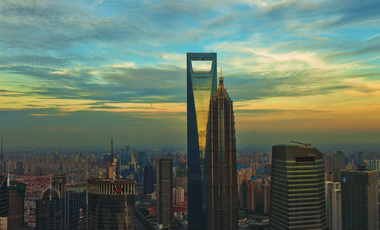 Aerial view of Shanghai World Financial Center and Jin Mao Tower