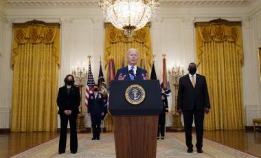 President Joe Biden speaks during an event Monday, March 8, 2021, in the East Room of the White House in Washington
